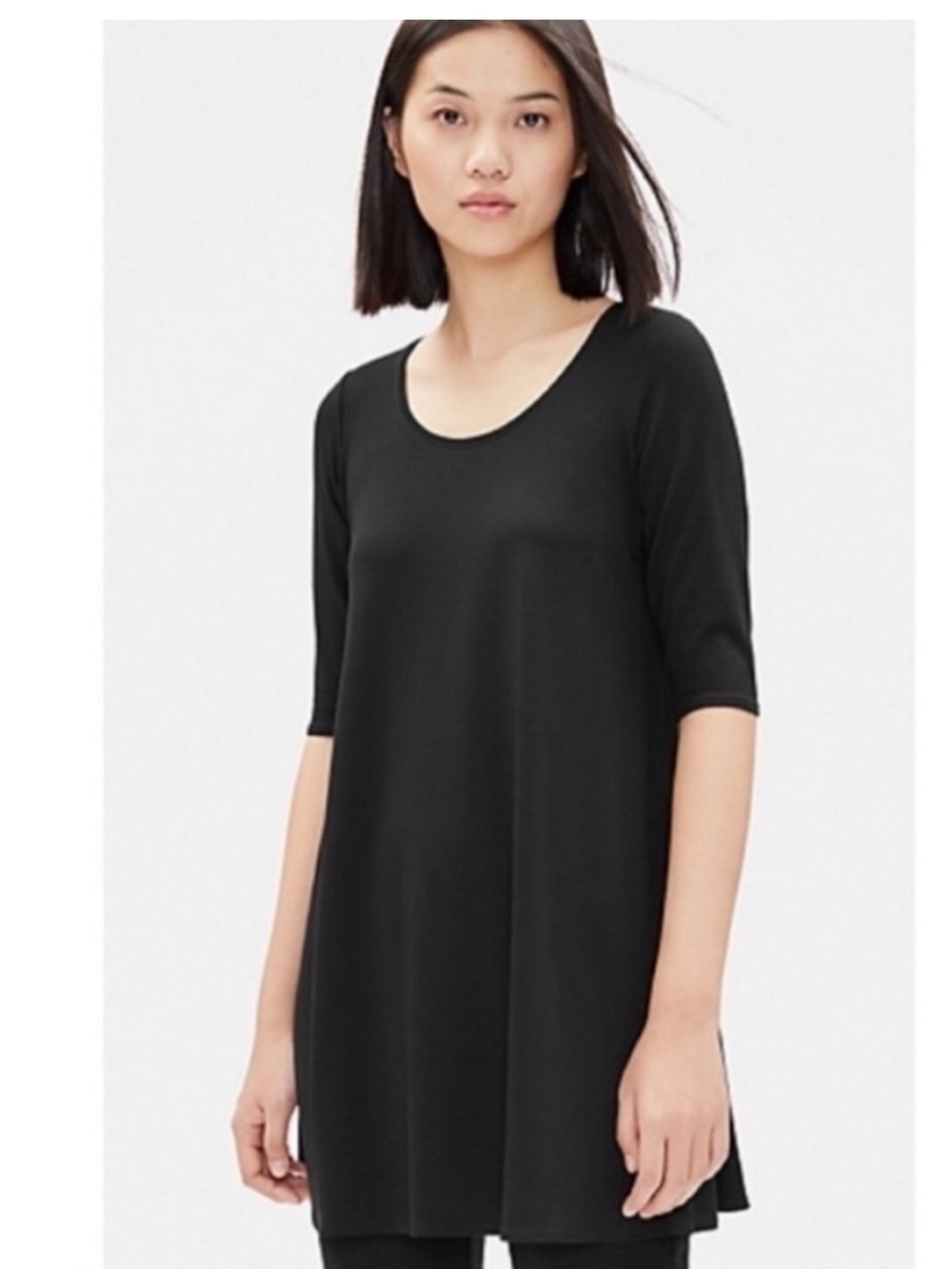 Eileen Fisher Jersey Scoop Relaxed Easy Elbow Sleeve Black Tunic Top L USA